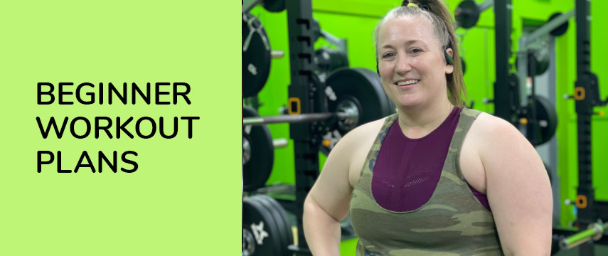 text on left reads, "Beginner Workout Plans" with gym workout equipment on right