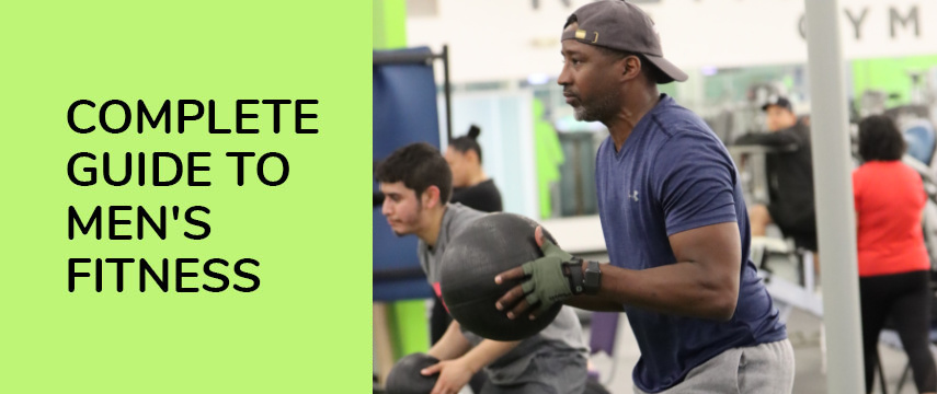 text on left reads, "Complete Guide to Men's Fitness" with man working out on right